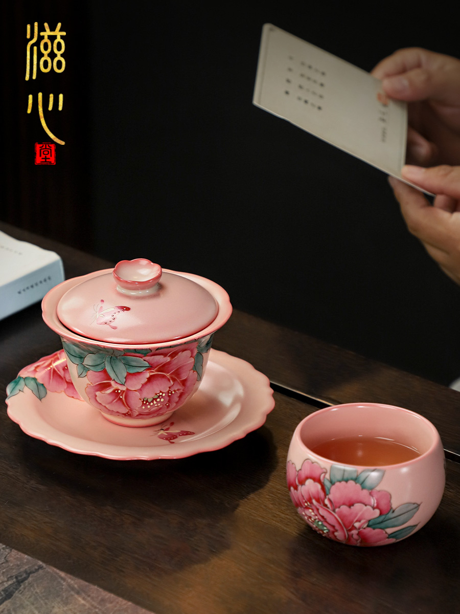 Celadon Ceramic Cup - High-End Hand-Painted Peony Gaiwan Single Non-Scald